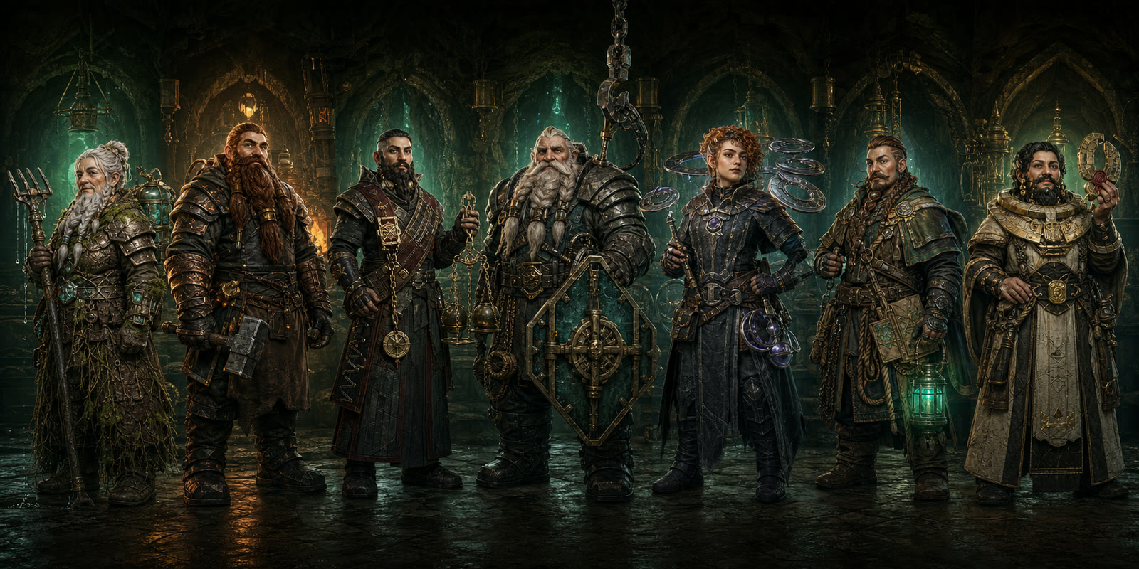 Seven distinct HOARDBREAKERS dwarf clan heroes assembled in the Green Below.